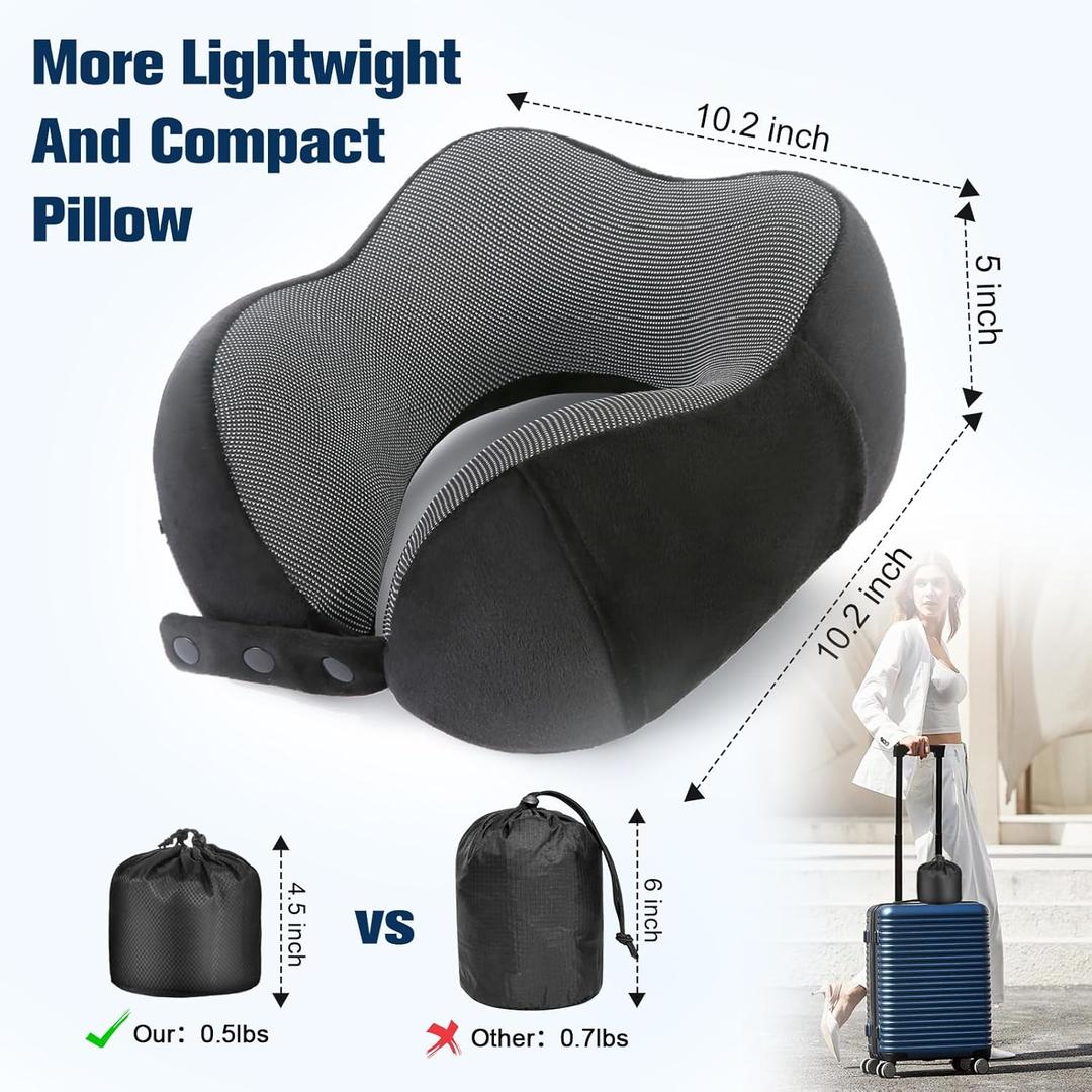 Neck Pillow for Traveling, Travel Pillows for Airplanes,100% Pure Memory Foam Travel Neck Pillow, Adjustable Flight Pillow, Portable Plane Accessories with Eye Mask, Earplugs, Carry Bag