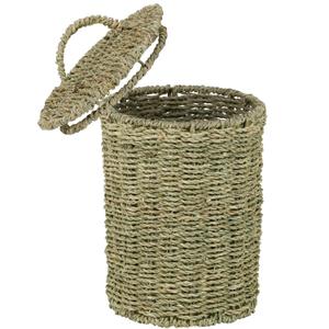 Boho Wicker Trash Can with Lid,Waterproof Bathroom Trash Can Hand Woven Wicker Waste Baskets for Kitchen Office Bedroom (1.3Gallons, Seagrass)