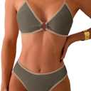 Fanuerg Women's Triangle Bikini Sets Circle Ring Linked Two Piece Swimsuit Color Block Cheeky Bathing Suits (Medium, Army Green)