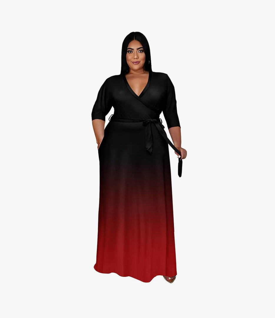 Runwind Plus Size Dress for Women - 3/4 Sleeve V Neck Printing Maxi Dresses for Women 3XL