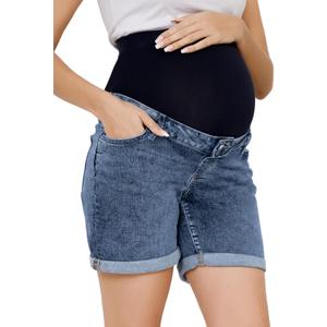 OVRUNS Women Maternity Jean Shorts Over The Belly Stretchy Comfy Rolled Cuff Pregnancy Denim Shorts with Pockets (X-Large)