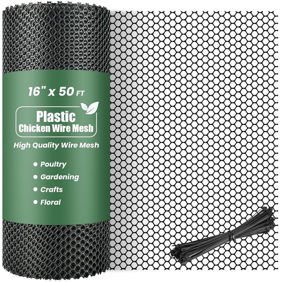 Toolterritary Plastic Wire Mesh,16IN x 50FT Chicken Wire Fencing for Floral Arrangements, Chicken Wire Mesh for Crafts with 100 Pcs Zip Ties, Garden Netting for Dogs, Deer, Poultry