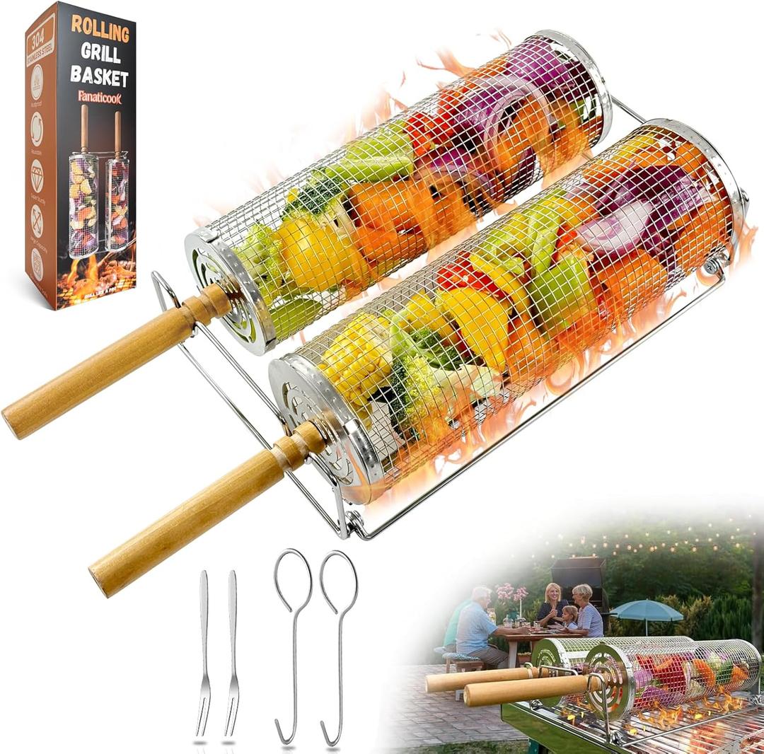 Nesting Grill Baskets 2PCS, Removable Wooden Handle & Large Stand, 304 Stainless Steel Grill Roller Basket, Rolling Grilling Net, Rolling Grill Baskets for Outdoor Grill, Portable Grill Vegetables, Fish, Shrimp, Meat, Fries, Gift for Men (Big Stand Set) Nesting Grill Baskets 2PCS, Removable Wooden Handle & Large Stand, 304 Stainless Steel Grill Roller Basket, Rolling Grilling Net, Rolling Grill Baskets for Outdoor Grill, Portable Grill Vegetables, Fish, Shrimp, Meat, Fries, Gift for Men (Big Stand Set)