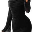 GORGLITTER Women's Off The Shoulder Mesh Mini Dress Long Sleeve Y2K Sexy Ruched Bodycon Birthday Club Party Dresses (Large, Black)