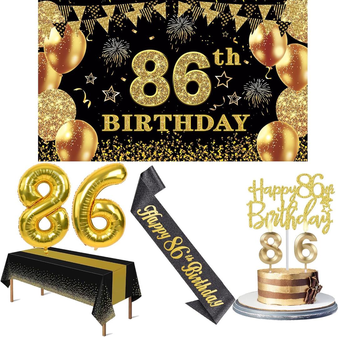 86th Birthday Decorations Men Women with 86th Birthday Banner, Black and Gold Table Cloth, Number Balloons, Sash, Cake Topper and Candles