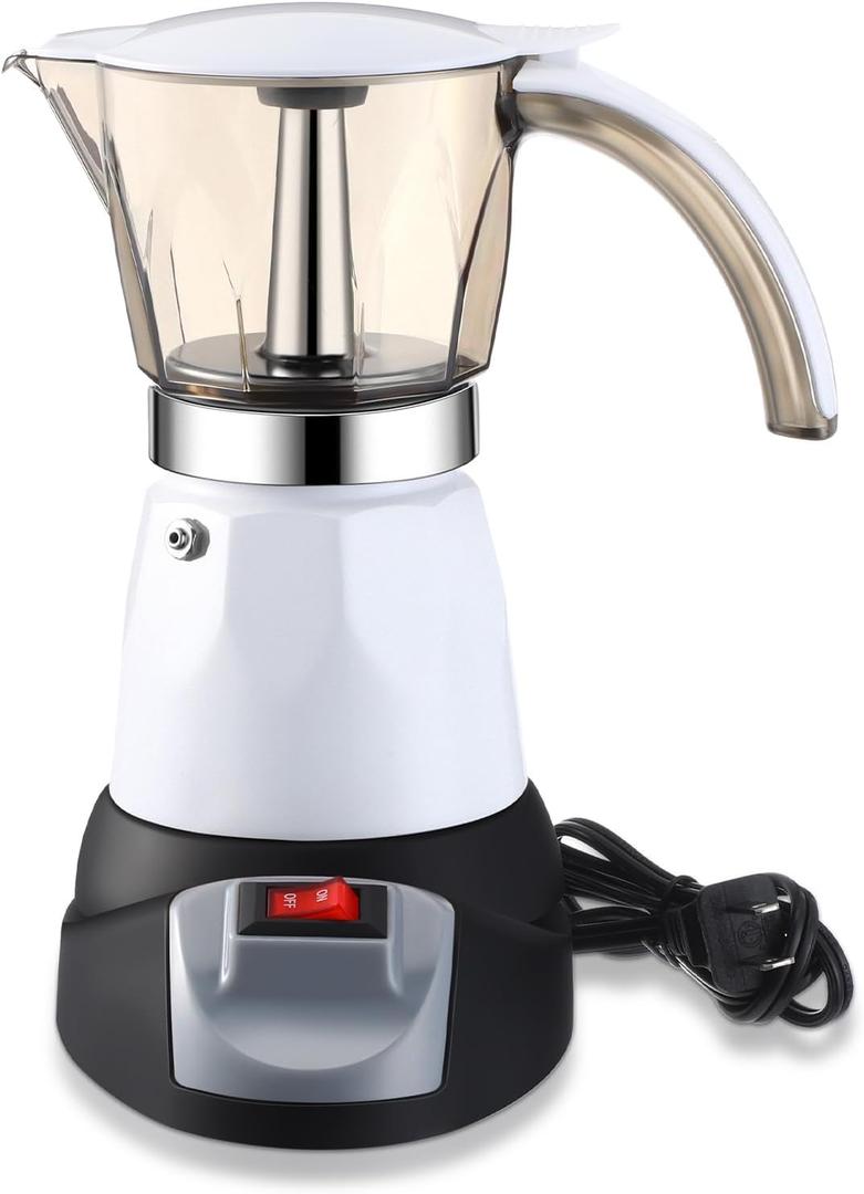 Electric Espresso Maker Transparent Coffee Maker Electric Moka Pot Portable Aluminum Espresso Machine Italian Moka Pot with Detachable Base, Coffee Gift for Women Men Home Travel (White,6 Cup)