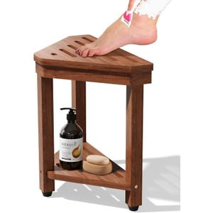 Shower Foot Rest 15 in, Acacia Shower Stool for Shaving Legs,Corner Bath Shower Bench with Starage Shelf for Inside Small Shower Spaces