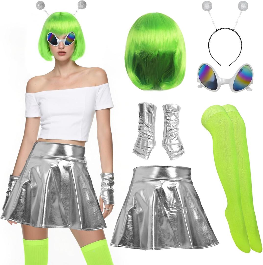 Vegove 6Pcs Alien Costume Women, Metallic Skirt Antenna Headband Bob Hair Glasses Neon Green Space Accessories for Halloween