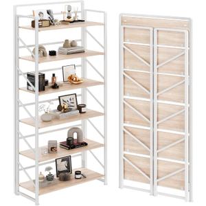 JSB No Assembly Folding Bookshelf, 6 Tier Industrial Metal Book Shelf for Storage, Vintage Wood Foldable Bookcase for Living Room, Bedroom, Office Organization Shelves