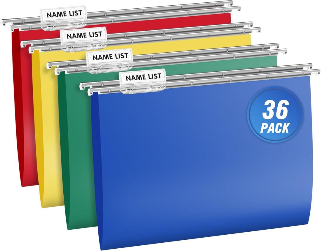 Heavy Duty Plastic Hanging File Folders with Metal Hook, 1/5-Cut Adjustable Tabs, File Cabinet Folders, Letter Size, Fit for Office, School and Home, 36 per Box (Assorted)