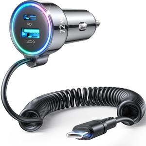 USB C 72W Car Charger for iPhone 17/16 Pro Max, PD & QC3.0 w/5 ft 36W Type C Coiled Cable, Fast Car Phone Charger Adapter for iPhone 17Air/15 Pro, Samsung Galaxy S25/S24/S23, Pixel 10/LG/Android, iPad