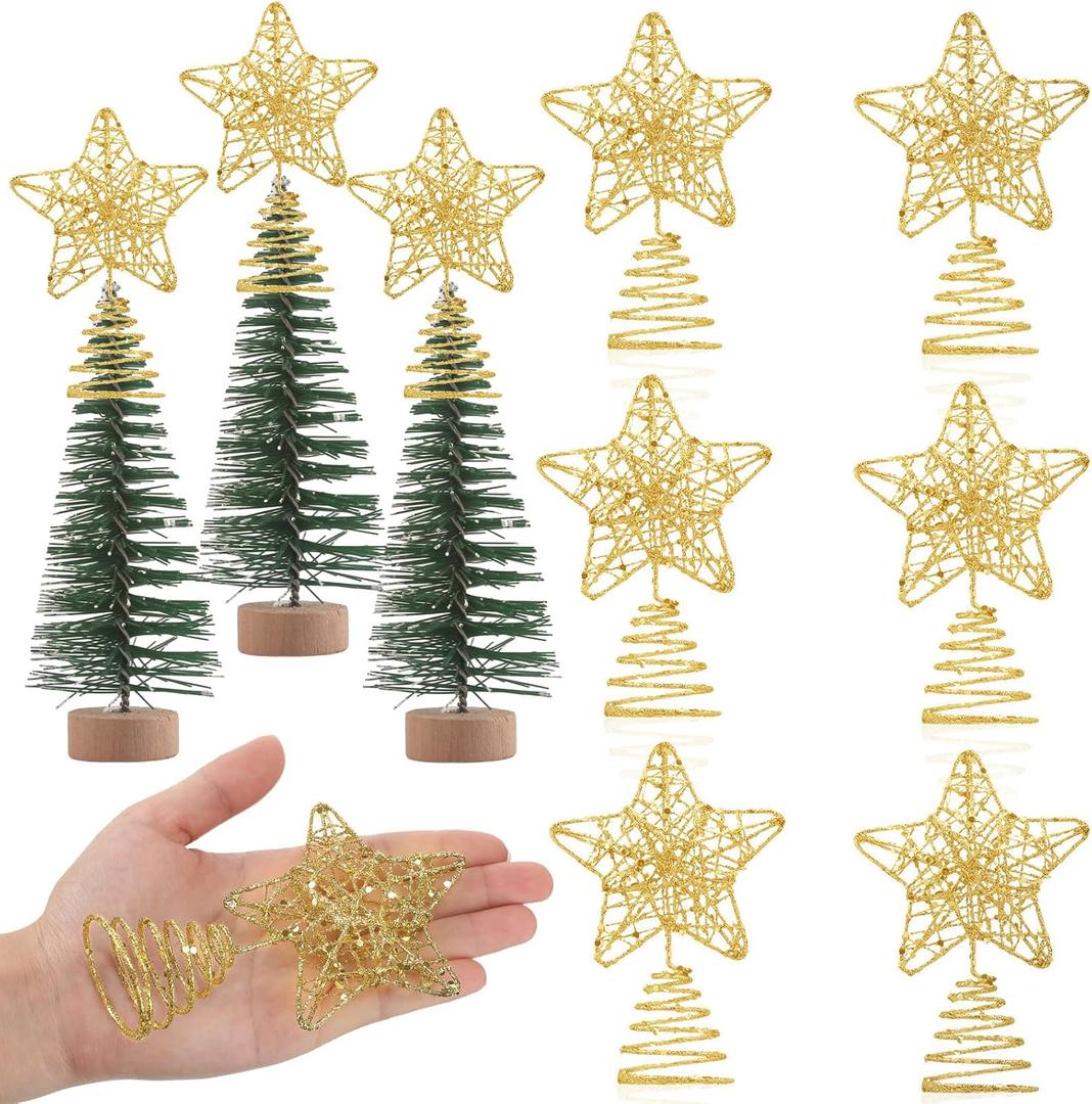 Hiboom 6 Pieces Mini Christmas Tree Star Toppers Glittered Xmas Tree Topper 4 Inch Hollow Star Treetop for Indoor Party Decoration Ornaments(Gold)
