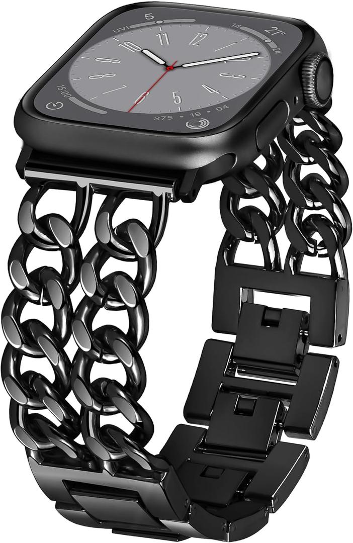 Compatible with Metal Dressy Designer Apple Watch Bands for Women Men 44mm 45mm 46mm 49mm 42mm(Series 3 2 1), Double Chain iWatch Bands for Apple Watch Series 10 SE 9 8 7 6 5 4 3 2 1 Ultra 2 1(Black)