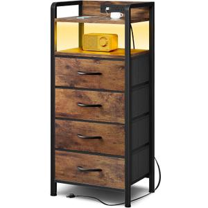 Lazzanto Night Stand Bedside Table Bedroom - Tall Nightstand with Charging Station & LED Light Strip, Bed Side Table with Storage Shelf & 4 Drawers, End Table with U-S-B Ports & AC Outlets, Brown