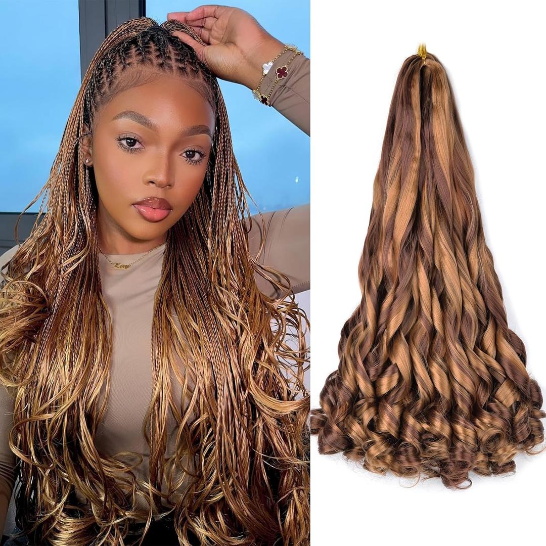 Boho French Curl Braiding Hair 22 Inch 8 Packs Box Braids Crochet Hair Extensions 75g/Pack Bouncy Loose Wavy Synthetic Pre Stretched Curl Braiding Hair for Black Women (22 Inch,8 Packs,P30/33)