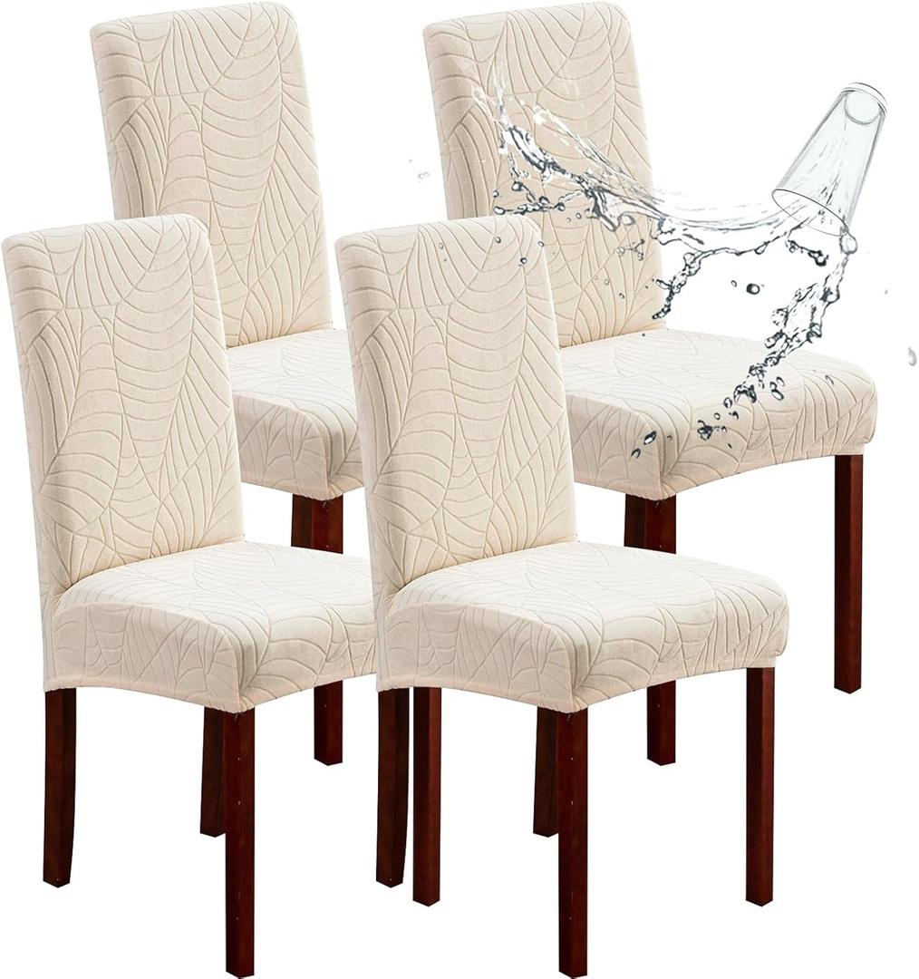 Genina 100% Waterproof Chair Covers for Dining Room Set of 4, Large Dining Room Chair Covers Protectors Stretch Kitchen Parson Chair Slipcovers for Home, Restaurant (Large, Leaves-Beige)