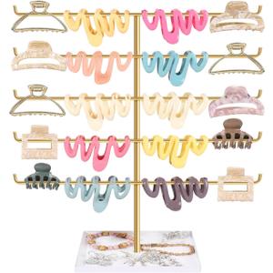 SNOWSTAR Hair Claw Clip Holder Organizer - 5 Tier Claw Clips Storage Display with Metal Tray, Hair Clip Holder Desktop Stand for Women Girls