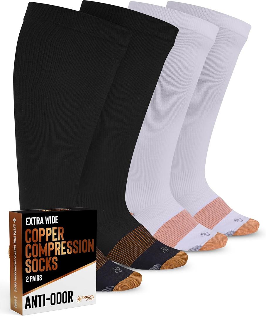 Doctor's Select Copper Plus Size Compression Socks Wide Calf - 2 Pairs | 20-30mmHg Extra Wide Calf Compression Sock Women for Traveling & Running | Compression Sock Men Wide Calf | Black & White (6X-Large)