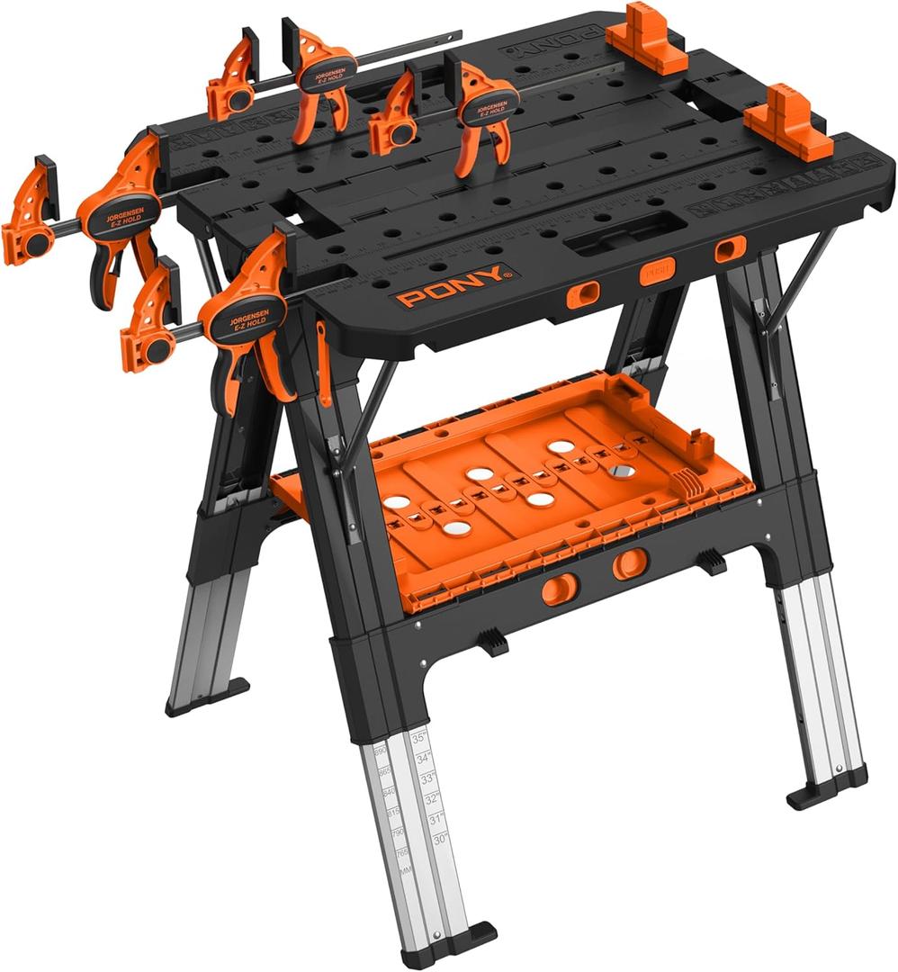 Pony Portable Folding Work Table, 2-in-1 as Sawhorse & Workbench, 31 W25 D25-35H, Large Load Capacity with 4pcs Clamps, 4pcs Bench Dogs