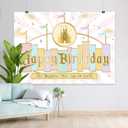 Princess Castle Birthday Backdrop Pastel Rainbow Stripes Magical Background Gold Glitter Happiest Birthday On Earth Party Cake Table Decorations Banner Photo Booth Props (7x5ft)