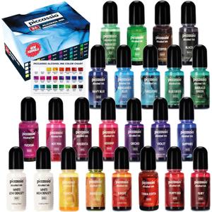 Alcohol Ink Set New Improved Formula 24 Highly Saturated, Fast-Drying, Permanent Inks for Epoxy Resin, Tumblers, Fluid Art Painting, Glass, Metal, and More