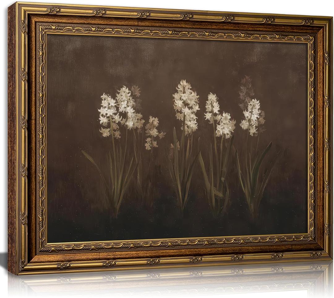 DNEJZKI Vintage Gold Frame Hyacinth Wall Art Rustic Farmhouse Flower Botanical Wall Decor Retro Floral Landscape Painting Picture Cottagecore Plant Canvas Prints for Living Room Bedroom Office Deco