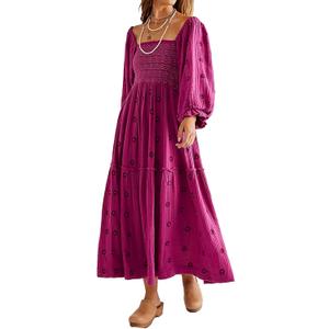 Women Floral Embroidered Maxi Dress Long Puff Sleeve Square Neck Bohemian Flowy Dress with Pockets Summer Fall (Medium, Rose)