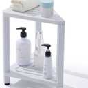 Corner Shower Stool with Storage Shelf, HDPS Waterproof Shower Foot Rest for Shaving Legs, 2-Tier Triangle Bathroom Stool for Inside Shower, Non-Slip Small Shower Bench, White