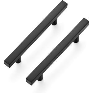10 Pack Matte Black Cabinet Handles with 3-3/4 Inch (96 mm) Hole Center, Square Kitchen Hardware for Cabinets & Drawers, Stainless Steel Pulls, 6 Inch Overall Length