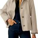 Yeokou Women Oversize Trench Coat Plaid Lining Lapel Button Down Casual Crop Jacket Outwear with Pockets, M