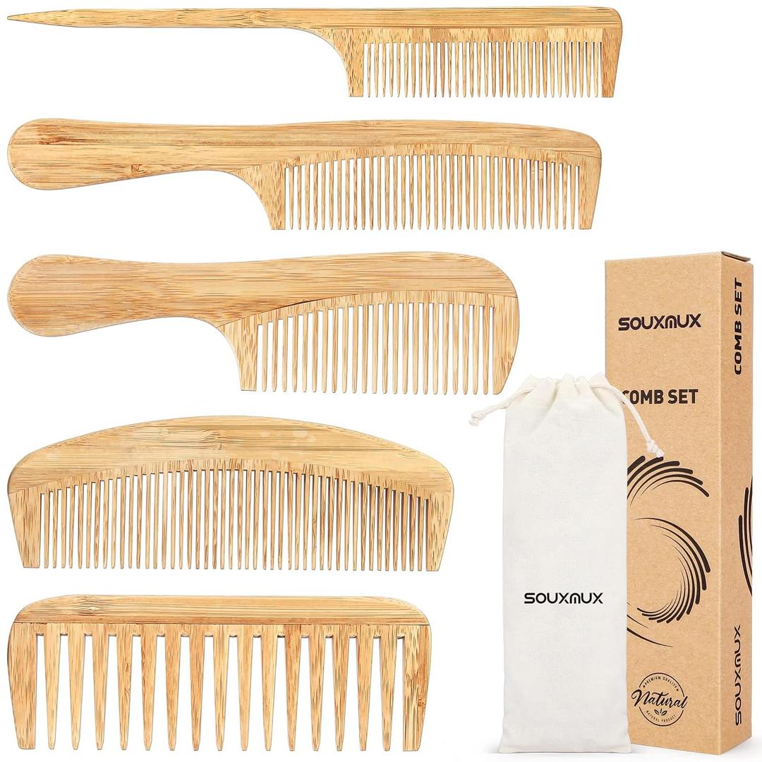 5 Pcs Natural Handmade Bamboo Anti-Static Combs Set - Wide Tooth, Rat Tail and Fine Tooth for Long, Short, Thick, Thin, Wavy or Curly Hair Detangling (Natural)