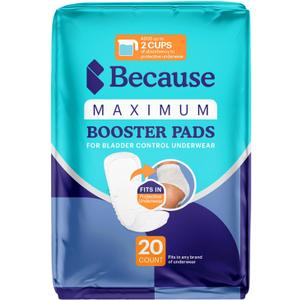 Because Maximum Incontinence Booster Pads, Adult Diaper Doubler Adds 2 Cups of Extra Absorbency, Discreet, Soft Leak Protection for Men & Women, Fits Inside Disposable Underwear, 20 Count