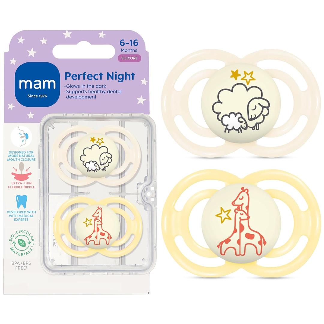 MAM Perfect Baby Pacifier 6-16 Months, Extra Thin Nipple, Developed with Orthodontists, Clinically Proven, Glows in The Dark, BPA-Free Silicone, Pack of 2, Made in Europe