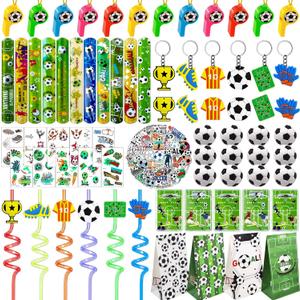 158 PCS Soccer Party Favors Set with Goodie Bags, Slap Bracelets, Straws, Puzzles, Tattoo Stickers, Erasers, Keychains, Whistle - Soccer Party Supplies & Decorations
