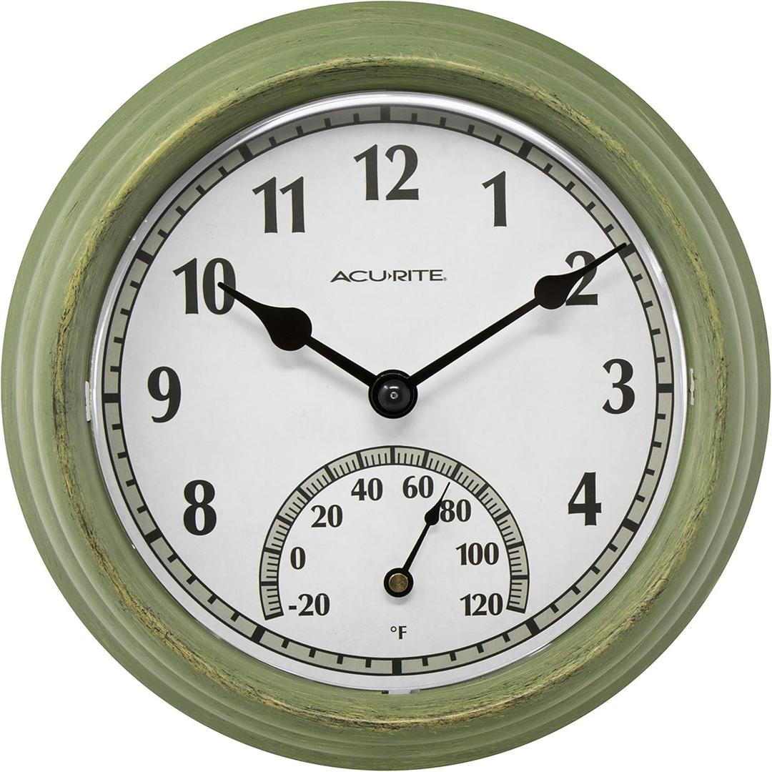 AcuRite 02470 Rustic Green Outdoor Clock with Thermometer, 8.5"