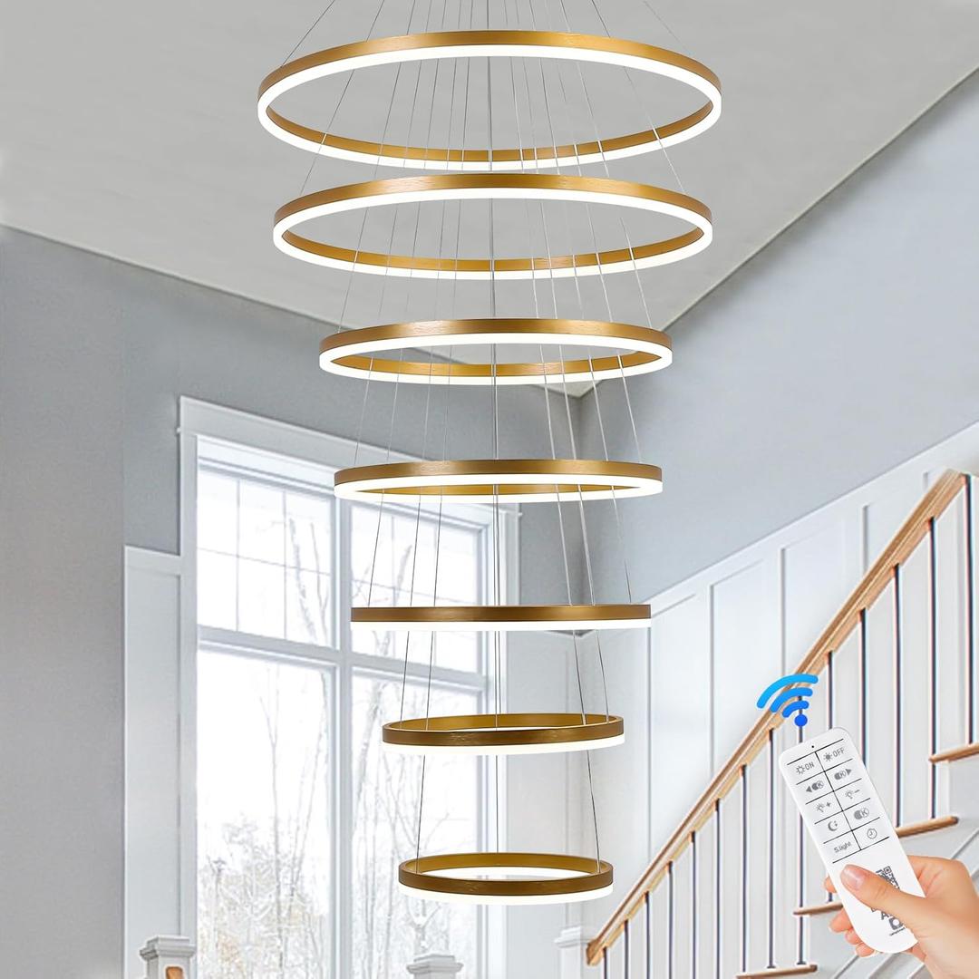 XGZLLIGHTING 7-Rings Modern LED Chandelier Gold D31.5 Contemporary High Ceiling Foyer Chandeliers Large with Remote Entryway for Living Room Entrance Staircase, 3000K-6000K