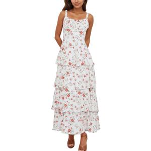 Tiered Ruffle Dress Women Casual Summer Spaghetti Strap Sleeveless Floral Layered Maxi Dress for Women Beach Sundress (Medium, Scarlet Petal)