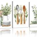Doqueodas 3pcs Sage Green Kitchen Canvas Framed Wall Art Plant Farmhouse Style Utensils Images, Green Plant Minimalist Poster Print Suitable for Restaurant and Living Room Wall Decor 12x16 inch (Plant-based tableware)