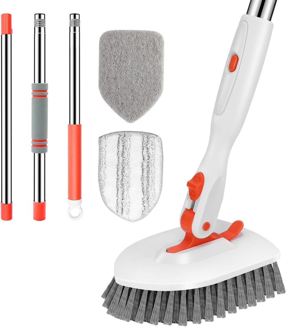 SetSail Floor Scrub Brush, 3-In-1 Tile Tub Floor Scrubber with 52-inch Adjustable Long Handle Shower Cleaner and 3 Detachable Replacement Brush Heads for Cleaning Bathroom Kitchen Walls Tub Tile (Orange)
