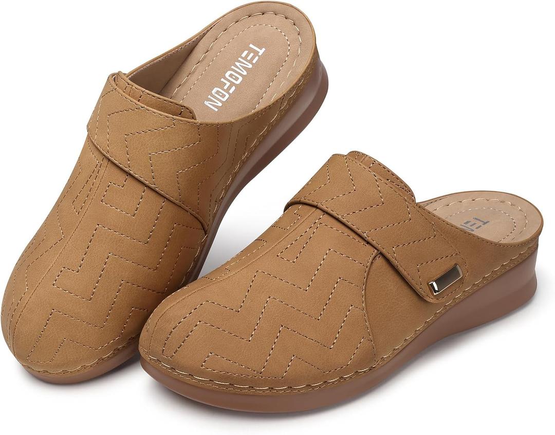 TEMOFON Mules for Women Slip on Sandals: Comfortable Clogs with Arch Support Leather Flats Closed Toe Sandals Shoes (9, Brown)