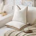 Decorative Neutral Linen Throw Pillow Covers 18x18 Inch Set of 2, Cream White Boho Farmhouse Pillow Covers with Braid Fringe for Sofa Bed Modern Couch Pillow Cases for Organic Home Decor