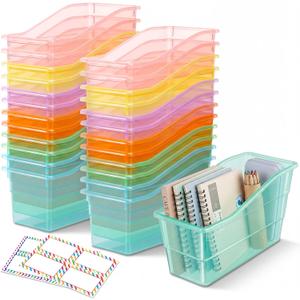 Blosssound 24 Set Book Bins for Classroom Stackable,Translucent Pastel | Plastic Baskets with Labels, Slanted Front, Library Supplies Organizers, Desktop Storage Bins, Teachers Home School Use