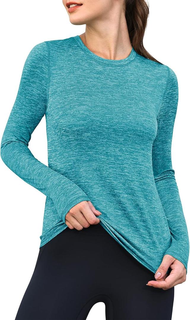 ANRABESS Womens Long Sleeve Workout Quick Dry Fitted Yoga Gym Athletic Shirts (Small, Turquoise)