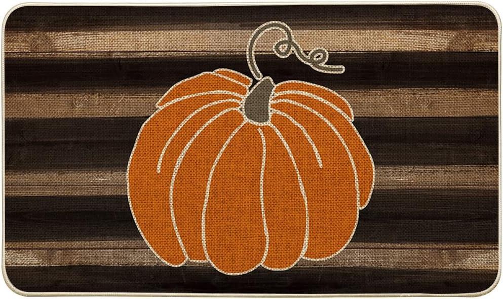 Artoid Mode Wood Stripes Pumpkin Fall Doormat, Autumn Home Decor Low-Profile Switch Rug Door Mat Floor Mat for Indoor Outdoor 17x29 Inch (Brown)