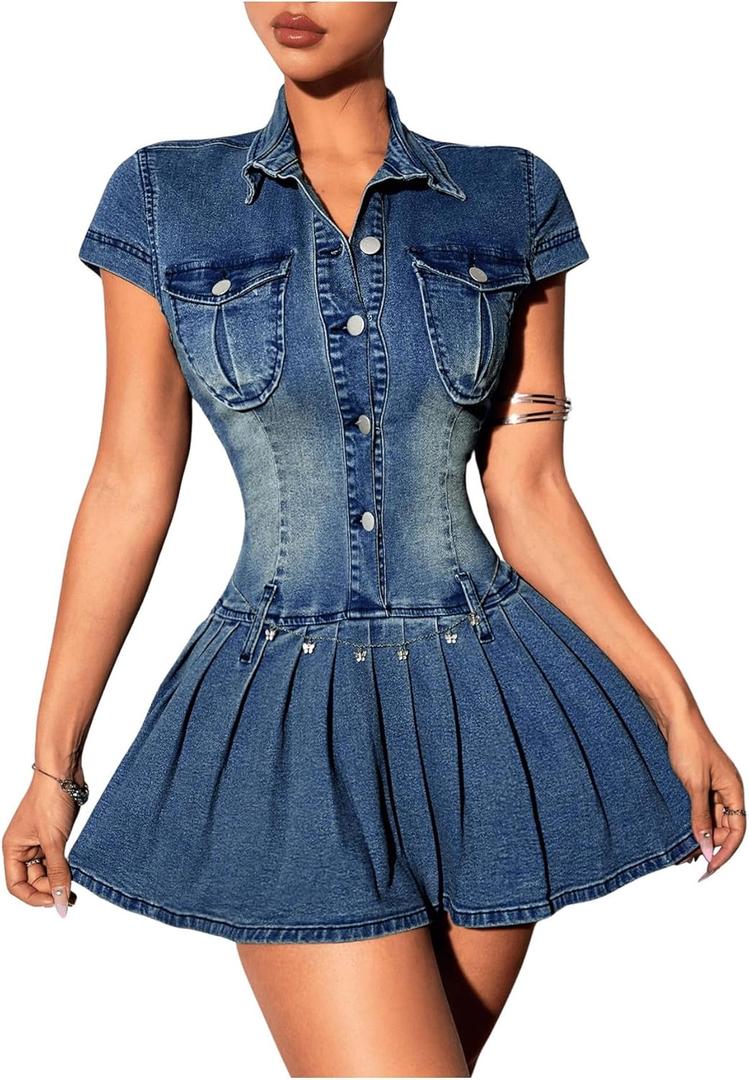 Women's Pleated Short Sleeve Bodycon Dress Collar Neck Y2K Button Denim Mini Dresses Blue Large