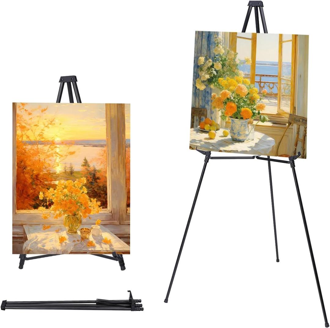 MXG Professional Aluminum Foldable Display Easel for Painting, Signs, Poster, 33-64" Height Adjustable Table Top & Floor Metal Tripod for Canvas, Art, Exhibits, Office, Outdoor - Black