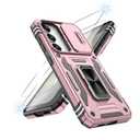 ATUMP for Galaxy S24 Case with [2Pcs] HD Screen Protector & Slide Camera Cover, Rotated Ring Kickstand [Military Grade Shockproof] Protective Case for Samsung Galaxy S24 6.2", Rose Gold