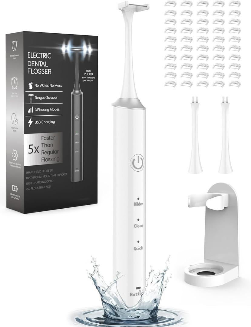 Voraiya Electric Flosser for Teeth & Adults, 3-in-1 Reusable Electric Dental Flosser with 3 Modes, 50 Replacement Heads, Dentist Recommended Portable Magic Flosser for Travel