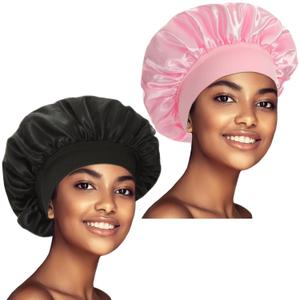 2 Pack Satin Bonnet Silk Bonnet for Sleeping Women, Hair Sleep Bonnets for Women, Wide Soft Band Large Sleep Cap for Curly Hair Braids (Set D)