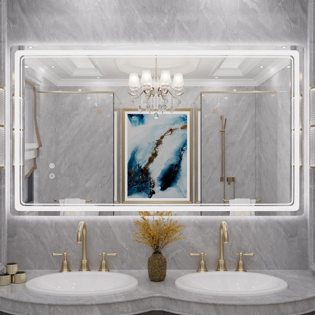 WallBeyond LED Bathroom Mirror with Lights, 28 x 48 Inch Led Bathroom Vanity Mirror for Wall with Front and Backlit, Anti Fog Mirror for Bathroom, 3 Colors and Dimmable Light, Horizontal/Vertical (Clear-rectangle)